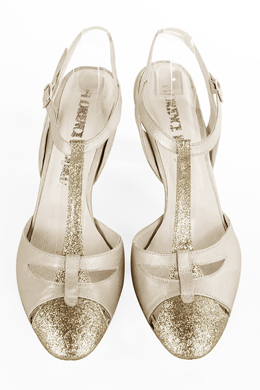 Gold women's open back T-strap shoes. Round toe. High kitten heels. Top view - Florence KOOIJMAN